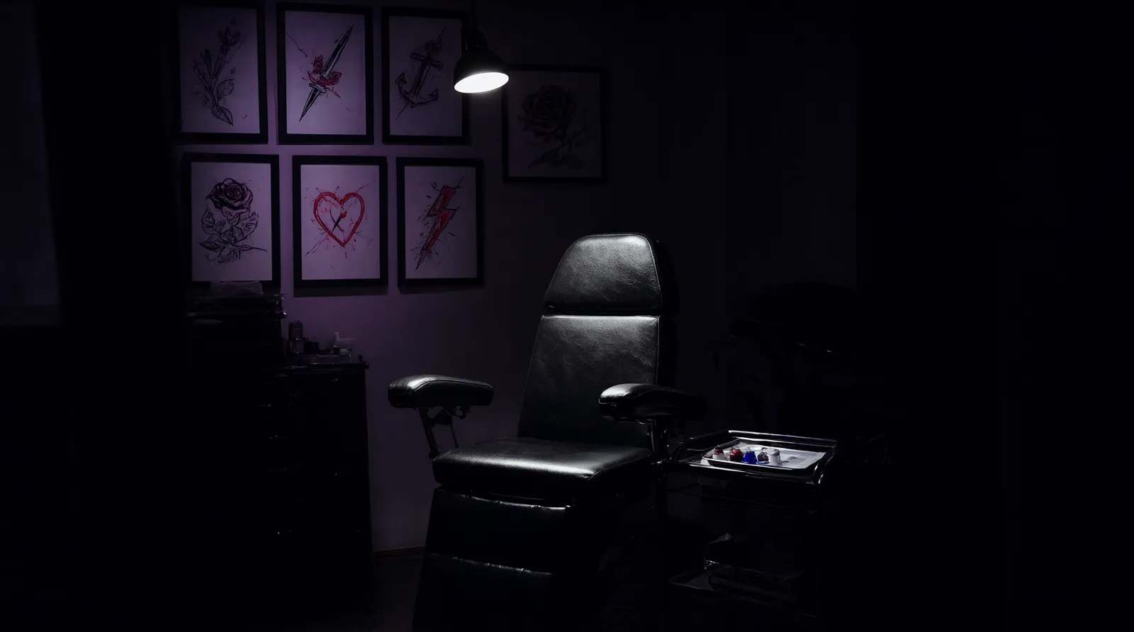 An empty black tattoo chair under a spotlight in front of a wall of framed flash art