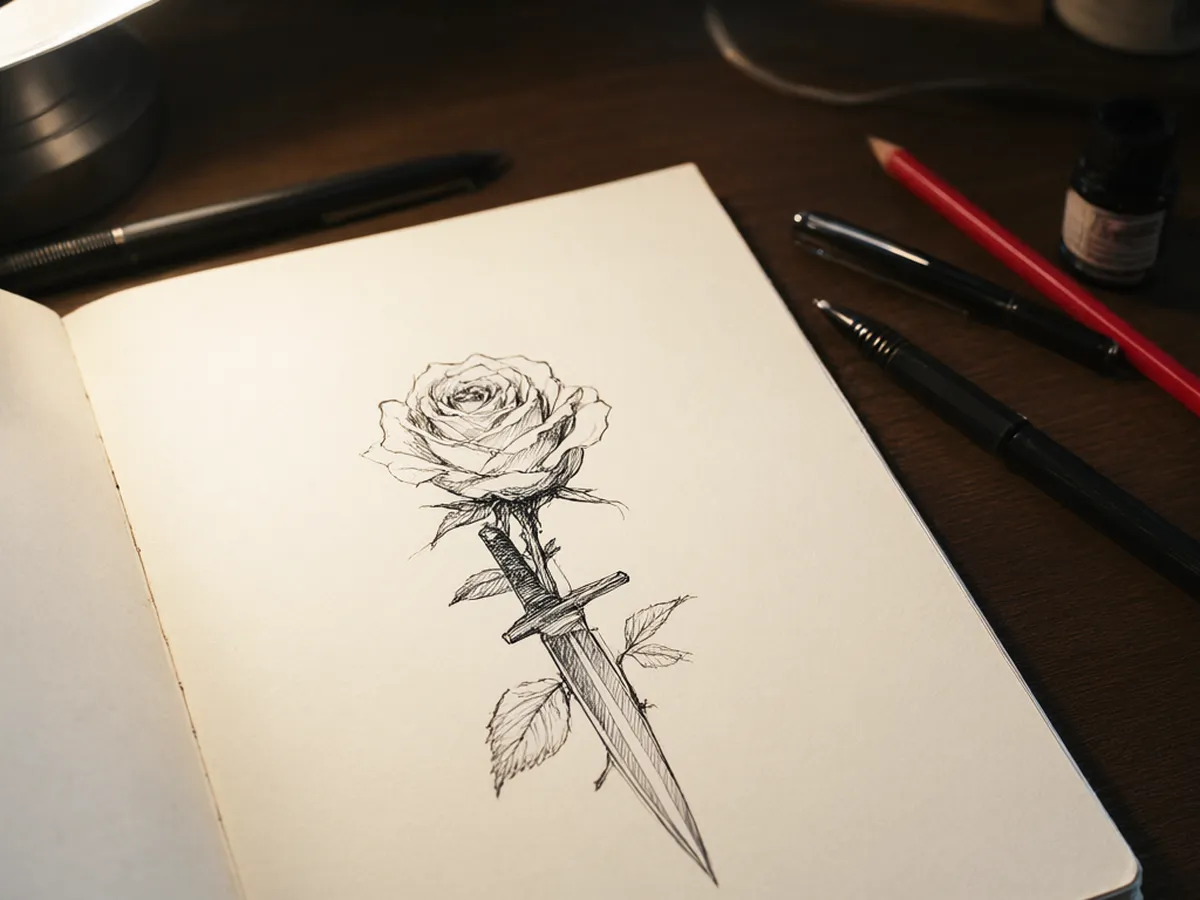 A sketchbook open to an ink drawing of a rose around a dagger, with pens and a pot of ink